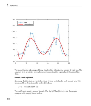 3 Mathematics
3-66
The model has the advantage of being simple while following the up-and-down trend. The
accuracy of its predictive power, however, is questionable, especially at the ends of the
data.
General Linear Regression
Assuming that the data are periodic with a 12-hour period and a peak around hour 7, it
is reasonable to fit a sinusoidal model of the form:
y a b t= + -cos(( / )( ))2 12 7p
The coefficients a and b appear linearly. Use the MATLAB® mldivide (backslash)
operator to fit general linear models:
 