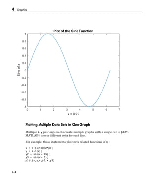 4 Graphics
4-4
Plotting Multiple Data Sets in One Graph
Multiple x-y pair arguments create multiple graphs with a single call to plot.
MATLAB® uses a different color for each line.
For example, these statements plot three related functions of x :
x = 0:pi/100:2*pi;
y = sin(x);
y2 = sin(x-.25);
y3 = sin(x-.5);
plot(x,y,x,y2,x,y3)
 