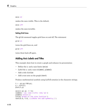 4 Graphics
4-16
axis on
makes the axes visible. This is the default.
axis off
makes the axes invisible.
Setting Grid Lines
The grid command toggles grid lines on and off. The statement
grid on
turns the grid lines on, and
grid off
turns them back off again.
Adding Axis Labels and Titles
This example show how to create a graph and enhance its presentation:
• Define the x- and y-axis limits (axis)
• Label the x- and y-axes (xlabel, ylabel)
• Add a title (title)
• Add a text note on the graph (text)
Produce mathematical symbols using LaTeX notation in the character strings.
t = -pi:pi/100:pi;
y = sin(t);
plot(t,y)
axis([-pi pi -1 1])
xlabel('-pi leq {itt} leq pi')
ylabel('sin(t)')
title('Graph of the sine function')
text(0.5,-1/3,'{itNote the odd symmetry.}')
 