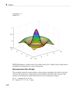 4 Graphics
4-22
colormap hsv
alpha(.4)
MATLAB displays a surface with a face alpha value of 0.4. Alpha values range from 0
(completely transparent) to 1 (not transparent).
Illuminating Surface Plots with Lights
This example shows the same surface as the previous examples, but colors it red and
removes the mesh lines. A light object is then added to the left of the "camera" (the
camera is the location in space from where you are viewing the surface).
[X,Y] = meshgrid(-8:.5:8);
R = sqrt(X.^2 + Y.^2) + eps;
 