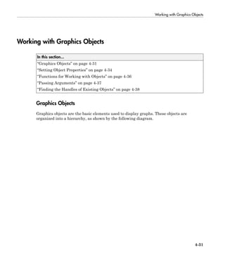 Working with Graphics Objects
4-31
Working with Graphics Objects
In this section...
“Graphics Objects” on page 4-31
“Setting Object Properties” on page 4-34
“Functions for Working with Objects” on page 4-36
“Passing Arguments” on page 4-37
“Finding the Handles of Existing Objects” on page 4-38
Graphics Objects
Graphics objects are the basic elements used to display graphs. These objects are
organized into a hierarchy, as shown by the following diagram.
 