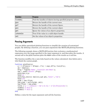 Working with Graphics Objects
4-37
Function Purpose
findobj Find the handles of objects having specified property values.
gca Return the handle of the current axes.
gcf Return the handle of the current figure.
gco Return the handle of the current object.
get Query the values of an object's properties.
ishandle True if the value is a valid object handle.
set Set the values of an object's properties.
Passing Arguments
You can define specialized plotting functions to simplify the creation of customized
graphs. By defining a function, you can pass arguments like MATLAB plotting functions.
The following example shows a MATLAB function that evaluates a mathematical
expression over the range specified in the input argument x, and then plots the results. A
second call to the plot function plots the mean value of the results as a red line.
The function modifies the y-axis ticks based on the values calculated. Axis labels and a
title finish the custom graph.
function plotFunc(x)
y = 1.5*cos(x) + 6*exp(-.1*x) + exp(.07*x).*sin(3*x);
ym = mean(y);
hfig = figure('Name','Function and Mean');
hax = axes('Parent',hfig);
plot(hax,x,y)
hold on
plot(hax,[min(x) max(x)],[ym ym],'Color','red')
hold off
ylab = hax.YTick;
new_ylab = sort([ylab, ym]);
hax.YTick = new_ylab;
title ('y = 1.5cos(x) + 6e^{-0.1x} + e^{0.07x}sin(3x)')
xlabel('X Axis')
ylabel('Y Axis')
end
Define a value for the input argument and call the function.
 