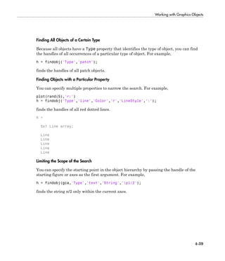 Working with Graphics Objects
4-39
Finding All Objects of a Certain Type
Because all objects have a Type property that identifies the type of object, you can find
the handles of all occurrences of a particular type of object. For example,
h = findobj('Type','patch');
finds the handles of all patch objects.
Finding Objects with a Particular Property
You can specify multiple properties to narrow the search. For example,
plot(rand(5),'r:')
h = findobj('Type','line','Color','r','LineStyle',':');
finds the handles of all red dotted lines.
h =
5x1 Line array:
Line
Line
Line
Line
Line
Limiting the Scope of the Search
You can specify the starting point in the object hierarchy by passing the handle of the
starting figure or axes as the first argument. For example,
h = findobj(gca,'Type','text','String','pi/2');
finds the string π/2 only within the current axes.
 