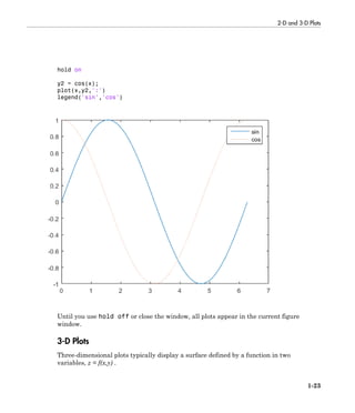 2-D and 3-D Plots
1-23
hold on
y2 = cos(x);
plot(x,y2,':')
legend('sin','cos')
Until you use hold off or close the window, all plots appear in the current figure
window.
3-D Plots
Three-dimensional plots typically display a surface defined by a function in two
variables, z = f(x,y) .
 