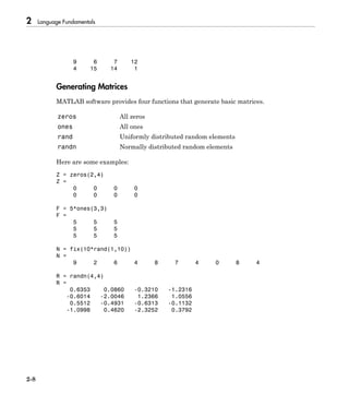 2 Language Fundamentals
2-8
9 6 7 12
4 15 14 1
Generating Matrices
MATLAB software provides four functions that generate basic matrices.
zeros All zeros
ones All ones
rand Uniformly distributed random elements
randn Normally distributed random elements
Here are some examples:
Z = zeros(2,4)
Z =
0 0 0 0
0 0 0 0
F = 5*ones(3,3)
F =
5 5 5
5 5 5
5 5 5
N = fix(10*rand(1,10))
N =
9 2 6 4 8 7 4 0 8 4
R = randn(4,4)
R =
0.6353 0.0860 -0.3210 -1.2316
-0.6014 -2.0046 1.2366 1.0556
0.5512 -0.4931 -0.6313 -0.1132
-1.0998 0.4620 -2.3252 0.3792
 