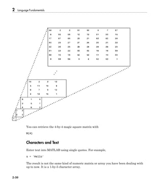 2 Language Fundamentals
2-30
You can retrieve the 4-by-4 magic square matrix with
M{4}
Characters and Text
Enter text into MATLAB using single quotes. For example,
s = 'Hello'
The result is not the same kind of numeric matrix or array you have been dealing with
up to now. It is a 1-by-5 character array.
 
