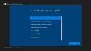 #MicrosoftEDU
Is this the right keyboard layout?
US
United States-Dvorak for left hand DVORAK L
United States-Dvorak for right hand DVORAK R
United States-International QWERTY
Albanian QWERTZ


 
YesYesYes
 