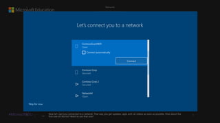 #MicrosoftEDU Now let's get you connected to a network. That way you get updates, apps and cat videos as soon as possible. How about the
first one on the list? Want to use that one?
 

Skip for now
Let’s connect you to a network
Network4

Contoso Corp



ContosoGuestWiFi

Connect
Contoso Corp 2

Connect automatically
 