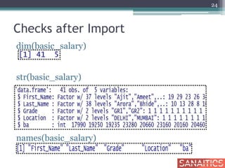 Checks after Import
dim(basic_salary)
str(basic_salary)
names(basic_salary)
24
 