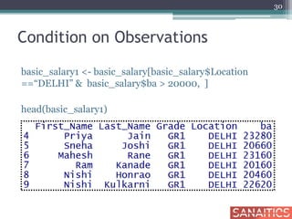 Condition on Observations
basic_salary1 <- basic_salary[basic_salary$Location
==“DELHI” & basic_salary$ba > 20000, ]
head(basic_salary1)
30
 