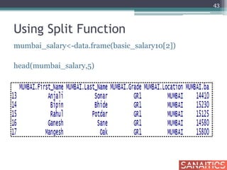 Using Split Function
mumbai_salary<-data.frame(basic_salary10[2])
head(mumbai_salary,5)
43
 