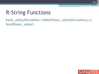 R-String Functions
basic_salary$Location<-substr(basic_salary$Location,1,1)
head(basic_salary)
62
 