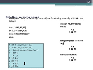 Deleting missing cases# complete.cases, na.exclude(), na.omit()are for dealing manually with NAs in a
dataset
x<-c(12,NA,13,12)
y<-c(25,48,NA,NA)
data<-data.frame(x,y)
data
65
data1<-na.omit(data)
data1
x y
1 12 25
data[complete.cases(da
ta),]
x y
1 12 25
na.exclude(data)
x y
1 12 25
 