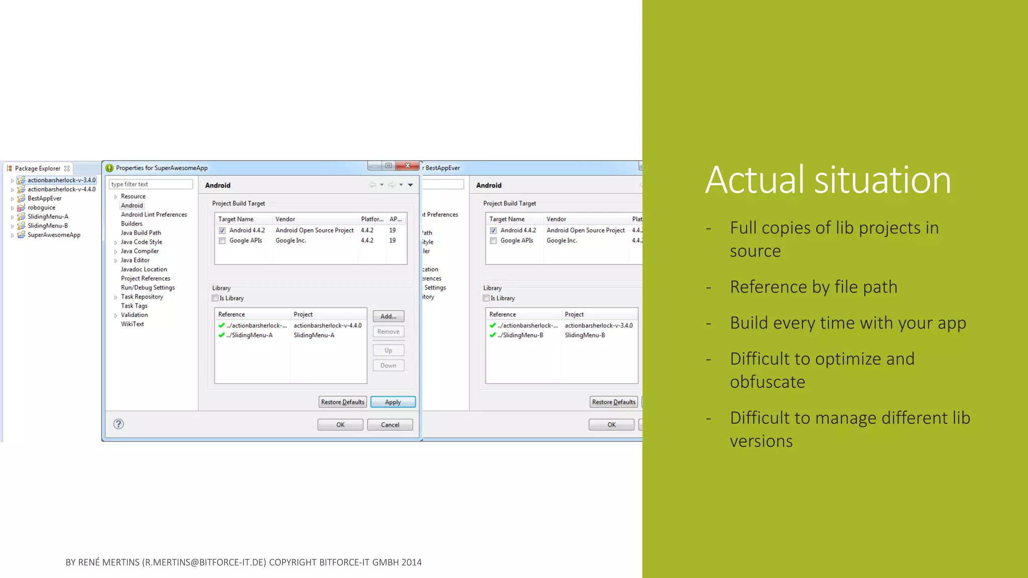 Actual situation 
-Full copies of lib projects in source 
-Reference by file path 
-Build every time with your app 
-Difficult to optimize and obfuscate 
-Difficult to manage different lib versions  