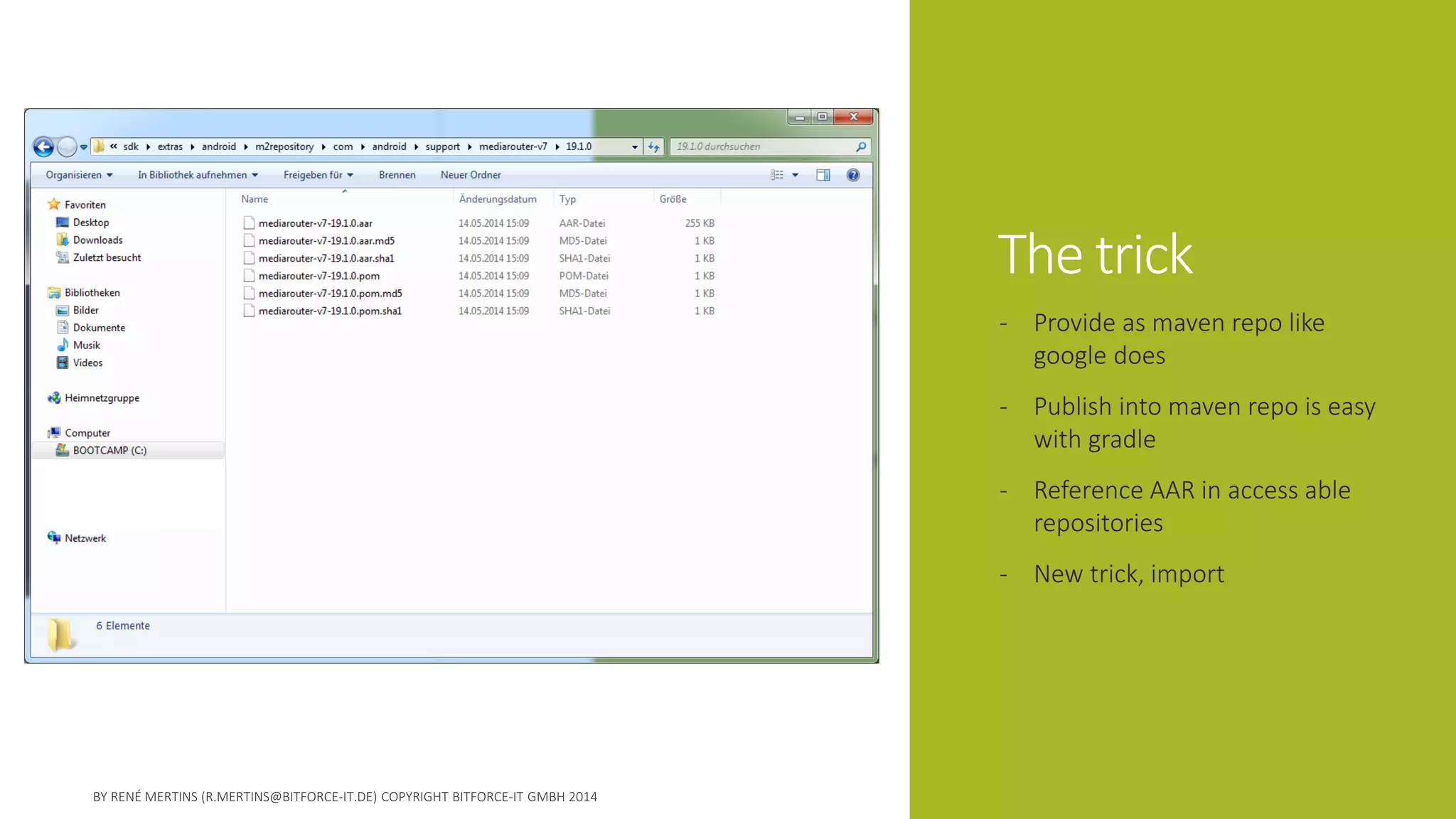 The trick 
-Provide as maven repo like google does 
-Publish into maven repo is easy with gradle 
-Reference AAR in access able repositories 
-New trick, import  
