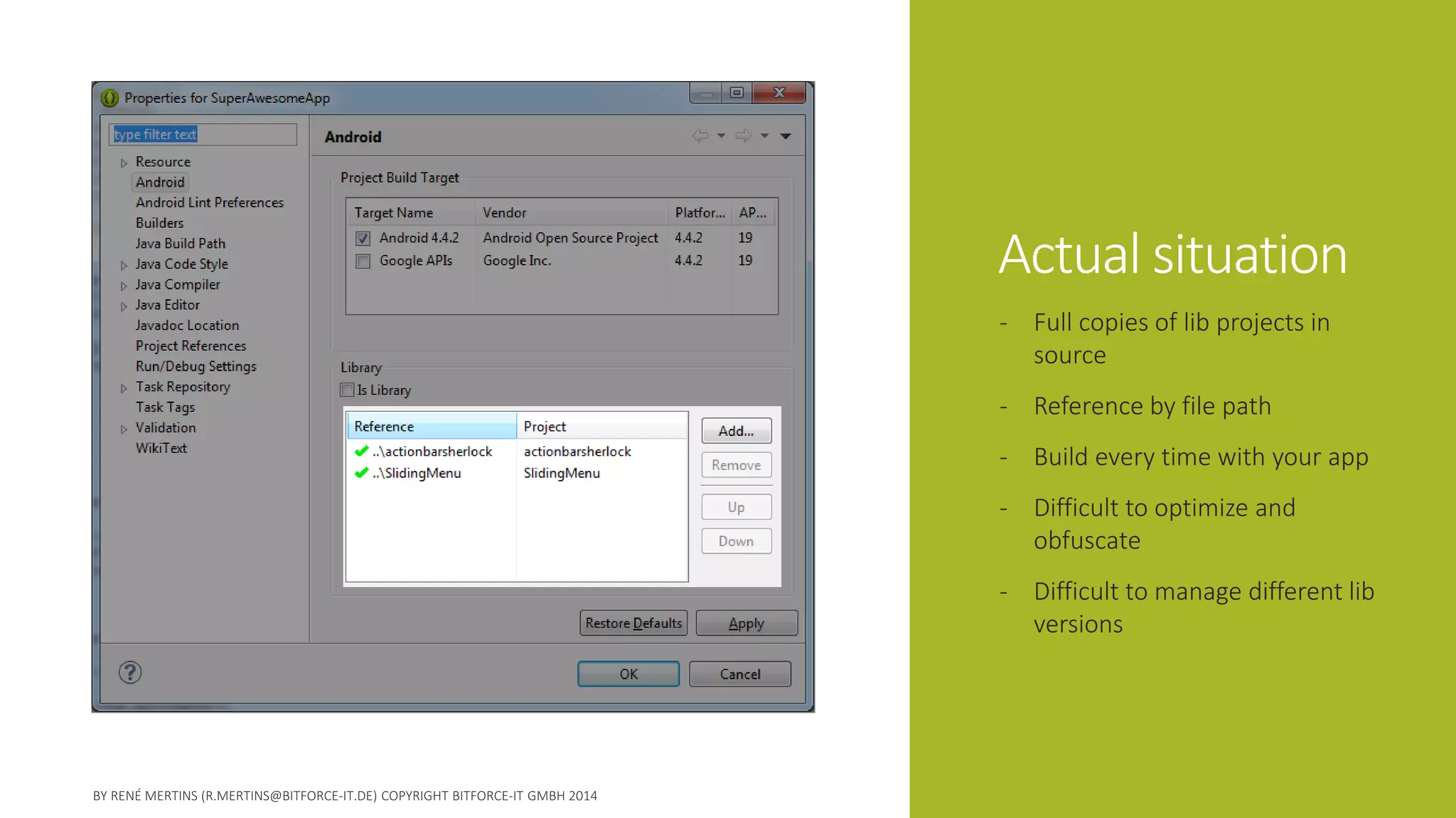 Actual situation 
-Full copies of lib projects in source 
-Reference by file path 
-Build every time with your app 
-Difficult to optimize and obfuscate 
-Difficult to manage different lib versions  