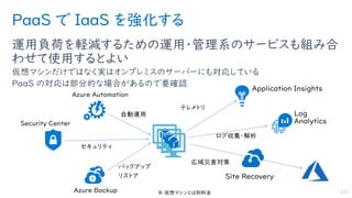 PaaS で IaaS を強化する
運用負荷を軽減するための運用・管理系のサービスも組み合
わせて使用するとよい
仮想マシンだけではなく実はオンプレミスのサーバーにも対応している
PaaS の対応は部分的な場合があるので要確認
111
 