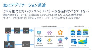 主にアプリケーション用途
（不可能ではないが）コンテナにデータを保持すべきではない
永続性の必要な “データ” は Docker エコシステムを活かした CI/CD と相性が悪い
せっかくクラウドを使うならば PaaS 系のデータサービスに任せてしまった方が良い
131
 