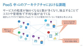 PaaS 中心のアーキテクチャにおける課題
サービスの粒度が細かくなると数が多くなり、独立することで
コストや管理性で不利な面が出てくる
選択したクラウドで適切な PaaS サービスが提供されていない可能性も考えられる
135
￥
￥
￥
￥
￥
デプロイ方式や監
視方法が異なる
デプロイ方式や監
視方法が異なる
類似サービ
スが重複
類似サービ
スが重複
テストやステージング
用途の複数の環境
 