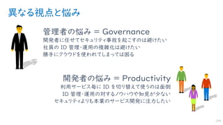 異なる視点と悩み
管理者の悩み = Governance
開発者に任せてセキュリティ事故を起こすのは避けたい
社員の ID 管理・運用の複雑化は避けたい
勝手にクラウドを使われてしまっては困る
159
開発者の悩み = Productivity
利用サービス毎に ID を切り替えて使うのは面倒
ID 管理・運用の対するノウハウや知見が少ない
セキュリティよりも本業のサービス開発に注力したい
 