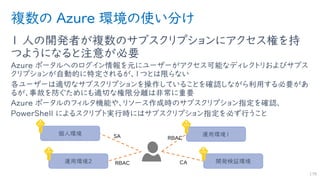 複数の Azure 環境の使い分け
1 人の開発者が複数のサブスクリプションにアクセス権を持
つようになると注意が必要
Azure ポータルへのログイン情報を元にユーザーがアクセス可能なディレクトリおよびサブス
クリプションが自動的に特定されるが、1つとは限らない
各ユーザーは適切なサブスクリプションを操作していることを確認しながら利用する必要があ
るが、事故を防ぐためにも適切な権限分離は非常に重要
Azure ポータルのフィルタ機能や、リソース作成時のサブスクリプション指定を確認、
PowerShell によるスクリプト実行時にはサブスクリプション指定を必ず行うこと
178
個人環境
運用環境２
運用環境１
開発検証環境
 