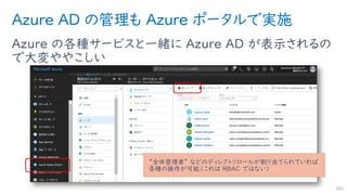 Azure AD の管理も Azure ポータルで実施
Azure の各種サービスと一緒に Azure AD が表示されるの
で大変ややこしい
182
“全体管理者” などのディレクトリロールが割り当てられていれば
各種の操作が可能（これは RBAC ではない）
 