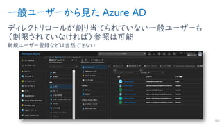 一般ユーザーから見た Azure AD
ディレクトリロールが割り当てられていない一般ユーザーも
（制限されていなければ）参照は可能
新規ユーザー登録などは当然できない
185
 
