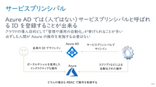 サービスプリンシパル
Azure AD では（人ではない）サービスプリンシパルと呼ばれ
る ID を登録することが出来る
クラウドの導入目的として「管理や運用の自動化」が挙げられることが多い
必ずしも人間が Azure の操作を実施する必要はない
188
 