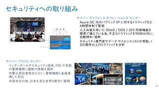 セキュリティへの取り組み
サイバー ディフェンス オペレーションズ センター
Azure DC 内のパブリック IP に対するトラフィックを２
４時間体制で監視
人工知能を用いた DDoS / DOS / IDS 防御機能を
標準で備えている為、不正なトラフィックを９０秒以内に、
自動検知・遮断
セキュリティ専門家やデータ サイエンティストが常駐、１
日５億件以上のトラフィックを分析
サイバー クライム センター
インターポールやセキュリティ団体、FBI や各国
の警察機関に最新の情報を提供
攻撃元発信者特定を行い、警察機関と直接連
携した対応
米国本社の他、日本を含む世界５都市に展開
19
 