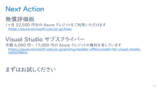 Next Action
無償評価版
1ヶ月 22,500 円分の Azure クレジットをご利用いただけます
https://azure.microsoft.com/ja-jp/free/
Visual Studio サブスクライバー
月額 6,000 円～ 17,000 円の Azure クレジットの権利を有しています
https://azure.microsoft.com/ja-jp/pricing/member-offers/credit-for-visual-studio-
subscribers/
まずはお試しください
217
 