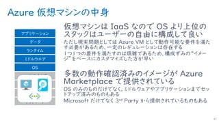 Azure 仮想マシンの中身
仮想マシンは IaaS なので OS より上位の
スタックはユーザーの自由に構成して良い
ただし現実問題としては Azure VM として動作可能な要件を満た
す必要があるため、一定のレギュレーションは存在する
１つ１つの要件を満たすのは煩雑であるため、構成ずみの“イメー
ジ”をベースにカスタマイズした方が早い
多数の動作確認済みのイメージが Azure
Marketplace で提供されている
OS のみのものだけでなく、ミドルウェアやアプリケーションまでセッ
トアップ済みのものもある
Microsoft だけでなく 3rd Party から提供されているものもある
42
ストレージ
サーバー
ネットワーク
OS
ミドルウエア
ハイパバイザ
ランタイム
アプリケーション
データ
 
