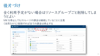 後片づけ
全く利用予定がない場合はリソースグループごと削除してしま
うとよい
VM を停止してもストレージの課金は継続していることに注意
（当然ながら）削除すれば全ての課金は停止する
73
 