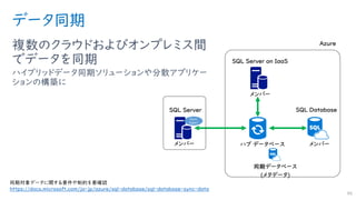 データ同期
複数のクラウドおよびオンプレミス間
でデータを同期
ハイブリッドデータ同期ソリューションや分散アプリケー
ションの構築に
96
同期対象データに関する要件や制約を要確認
https://docs.microsoft.com/ja-jp/azure/sql-database/sql-database-sync-data
 