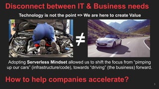Disconnect between IT & Business needs
3
How to help companies accelerate?
Technology is not the point => We are here to create Value
Adopting Serverless Mindset allowed us to shift the focus from “pimping
up our cars” (infrastructure/code), towards “driving” (the business) forward.
≠
 