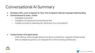 Lee Boonstra | @ladysign
Conversational AI Summary
● Developer APIs, such as Speech-to-Text, Text-to-Speech, Natural Language Understanding.
● Conversational AI suites / SAAS:
○ Dialogﬂow Essentials
○ Dialogﬂow CX (advanced conversational AIs)
○ Insights AI (suite for detecting the call drivers of a conversation)
● Contact Center AI & Agent Assist
○ GTM offering, where Google delivers the above components + speciﬁc Contact Center
APIs so telephony partners can integrate this in their existing architectures.
 