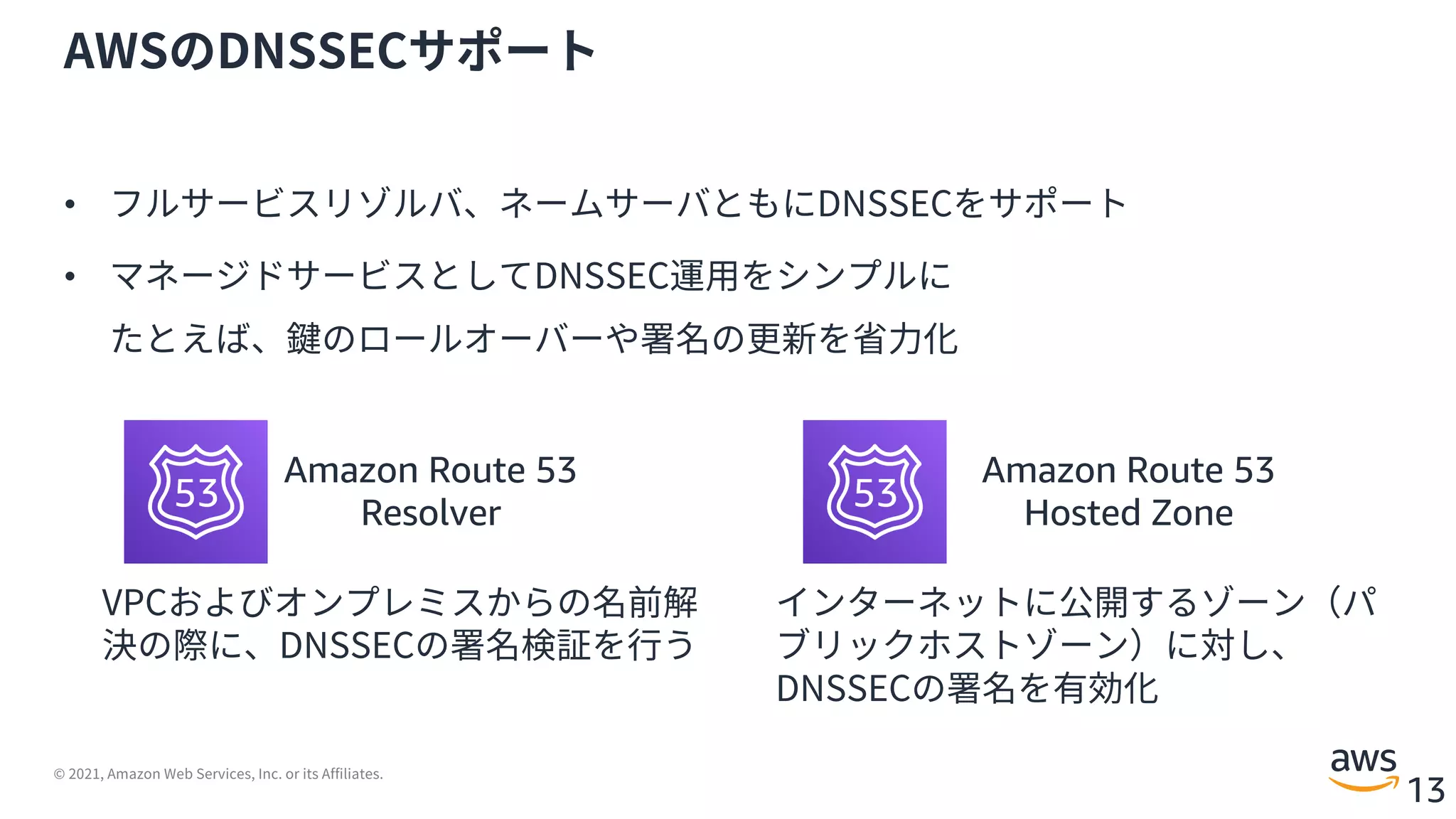 © 2021, Amazon Web Services, Inc. or its Affiliates.
13
AWSのDNSSECサポート
• フルサービスリゾルバ、ネームサーバともにDNSSECをサポート
• マネージドサービスとしてDNSSEC運⽤をシンプルに
たとえば、鍵のロールオーバーや署名の更新を省⼒化
Amazon Route 53
Resolver
Amazon Route 53
Hosted Zone
VPCおよびオンプレミスからの名前解
決の際に、DNSSECの署名検証を⾏う
インターネットに公開するゾーン（パ
ブリックホストゾーン）に対し、
DNSSECの署名を有効化
 