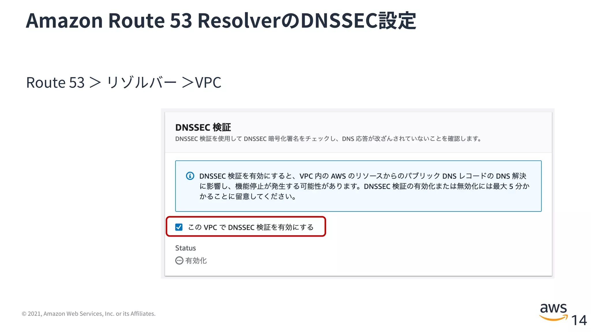 © 2021, Amazon Web Services, Inc. or its Affiliates.
14
Amazon Route 53 ResolverのDNSSEC設定
Route 53 ＞ リゾルバー ＞VPC
 