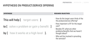 HYPOTHESIS ON PRODUCT/SERVICE OFFERING
HYPOTHESIS RESEARCH OBJECTIVES
This will help [ target users ]
to [ solve x problem...