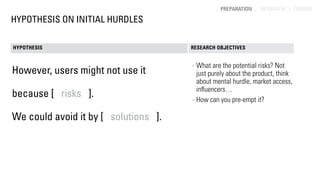HYPOTHESIS ON INITIAL HURDLES
HYPOTHESIS RESEARCH OBJECTIVES
However, users might not use it
because [ risks ].
We could a...