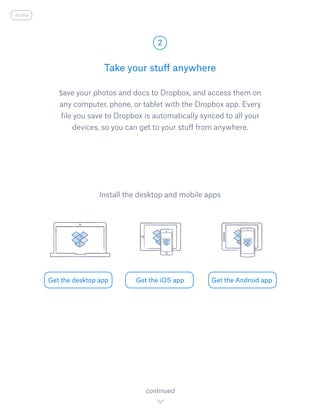 Save your photos and docs to Dropbox, and access them on
any computer, phone, or tablet with the Dropbox app. Every
file you save to Dropbox is automatically synced to all your
devices, so you can get to your stuff from anywhere.
Take your stuff anywhere
2
Get the desktop app Get the iOS app Get the Android app
continued
Install the desktop and mobile apps
home
 