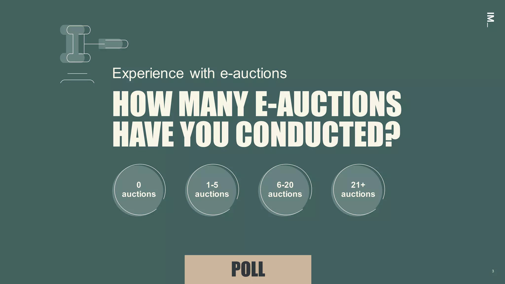 3
HOW MANY E-AUCTIONS
HAVE YOU CONDUCTED?
POLL
Experience with e-auctions
21+
auctions
0
auctions
1-5
auctions
6-20
auctions
 