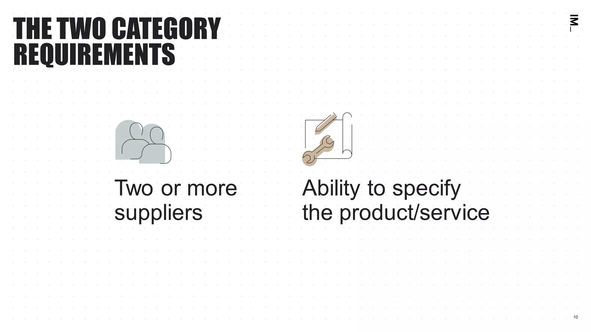 10
Ability to specify
the product/service
Two or more
suppliers
THE TWO CATEGORY
REQUIREMENTS
 
