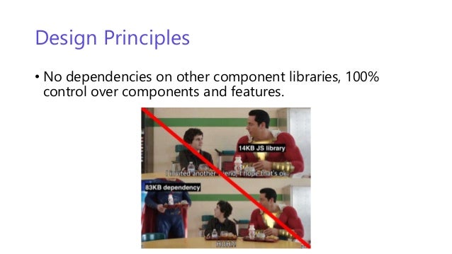 Design Principles
• No dependencies on other component libraries, 100%
control over components and features.
 
