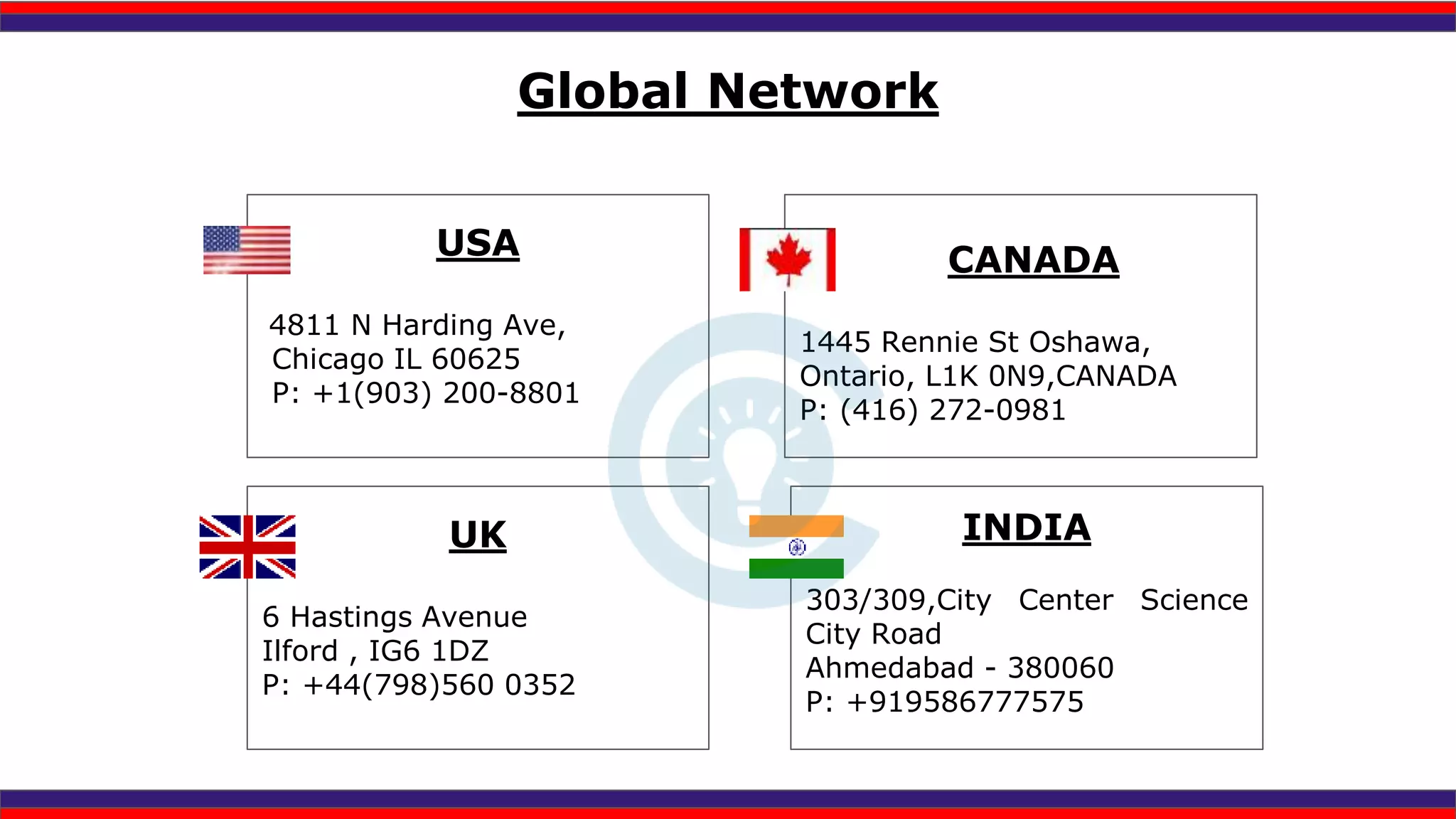 Global Network
USA
4811 N Harding Ave,
Chicago IL 60625
P: +1(903) 200-8801
CANADA
1445 Rennie St Oshawa,
Ontario, L1K 0N9,CANADA
P: (416) 272-0981
INDIA
303/309,City Center Science
City Road
Ahmedabad - 380060
P: +919586777575
UK
6 Hastings Avenue
Ilford , IG6 1DZ
P: +44(798)560 0352
 