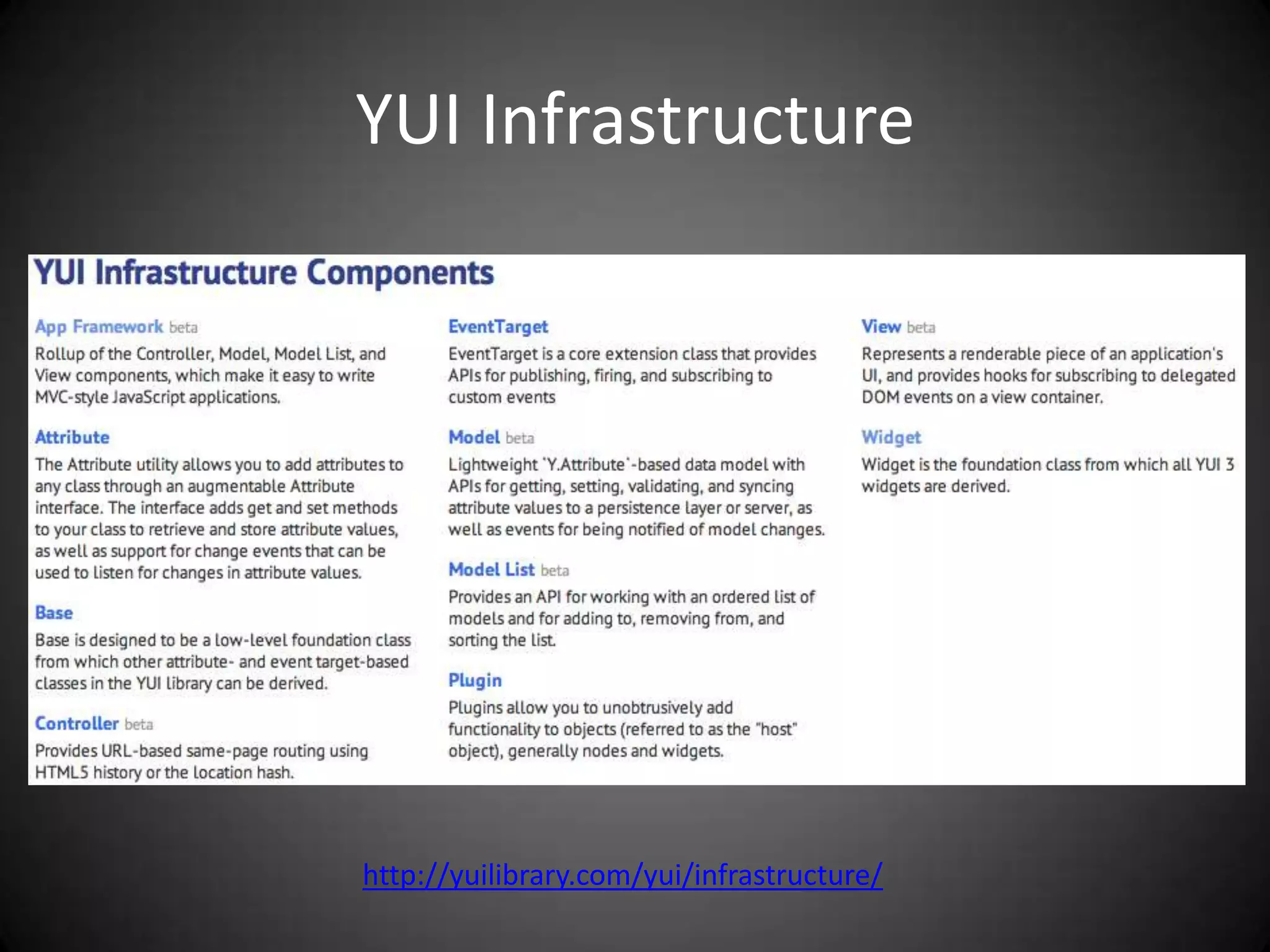 YUI Infrastructure




http://yuilibrary.com/yui/infrastructure/
 