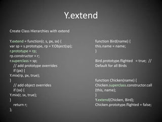 Y.extend
Create Class Hierarchies with extend

Y.extend = function(r, s, px, sx) {        function Bird(name) {
var sp = s.prototype, rp = Y.Object(sp);   this.name = name;
r.prototype = rp;                          }
rp.constructor = r;
r.superclass = sp;                         Bird.prototype.flighted = true; //
   // add prototype overrides              Default for all Birds
   if (px) {
Y.mix(rp, px, true);
}                                          function Chicken(name) {
   // add object overrides                 Chicken.superclass.constructor.call
   if (sx) {                               (this, name);
Y.mix(r, sx, true);                        }
}                                          Y.extend(Chicken, Bird);
   return r;                               Chicken.prototype.flighted = false;
};
 