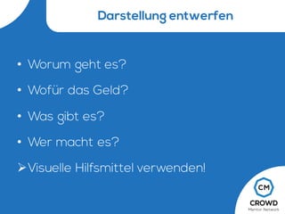 Darstellung entwerfen
• Worum geht es?
• Wofür das Geld?
• Was gibt es?
• Wer macht es?
ØVisuelle Hilfsmittel verwenden!
 