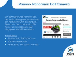 Panono: Panoramic Ball Camera
Ein 360x360 Grad Kamera-Ball,
der in die Höhe geworfen wird und
am höchsten Punkt ein Rundum-
Bild macht. Verarbeitet sind 36
Kameras mit insgesamt 108
Megapixel. Ab $499 erhältlich.
Kennzahlen:
• $1.250.028 / $900.000 (139%)
• 2.609 Unterstützer
• FB 15.336 / TW 1.204 / G+ 590
 