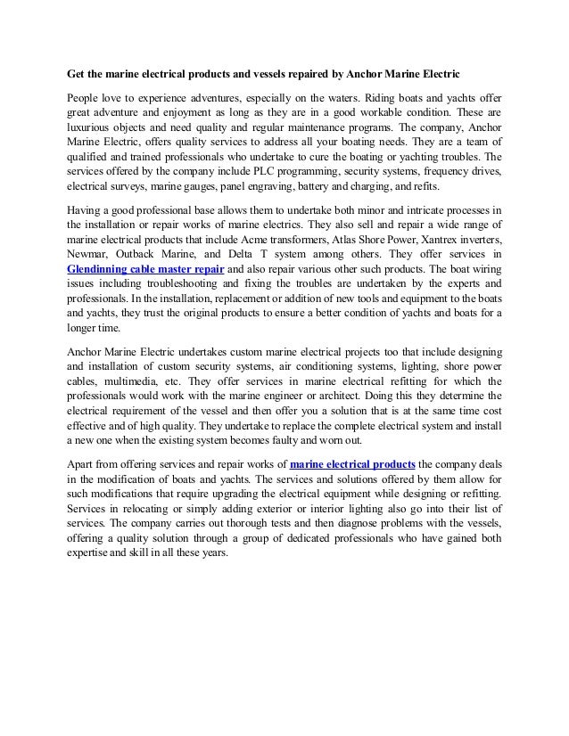 Get the marine electrical products and vessels repaired by anchor