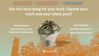 Todd Northrup
Assistant Director for
Employer Development
Eirini Chaddon
Assistant Director for
Recruitment Services
Get the most bang for your buck: Expand your
reach and your talent pool!
 